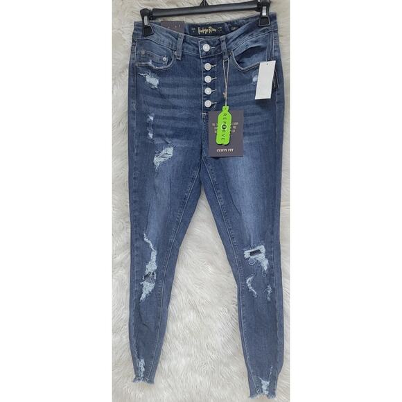 ÍNDIGO RAIN Juniors' Curvy High-Rise Button-Front Distress Ankle Jeans 5 3060 - Picture 3 of 5